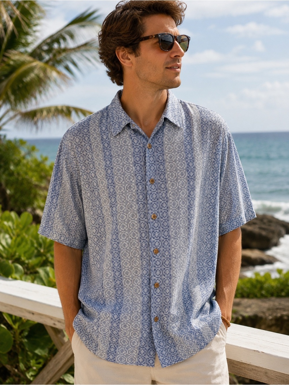 OP Ocean Pacific Washable Silk Geometric Button Down Shirt Men XXL Coastal